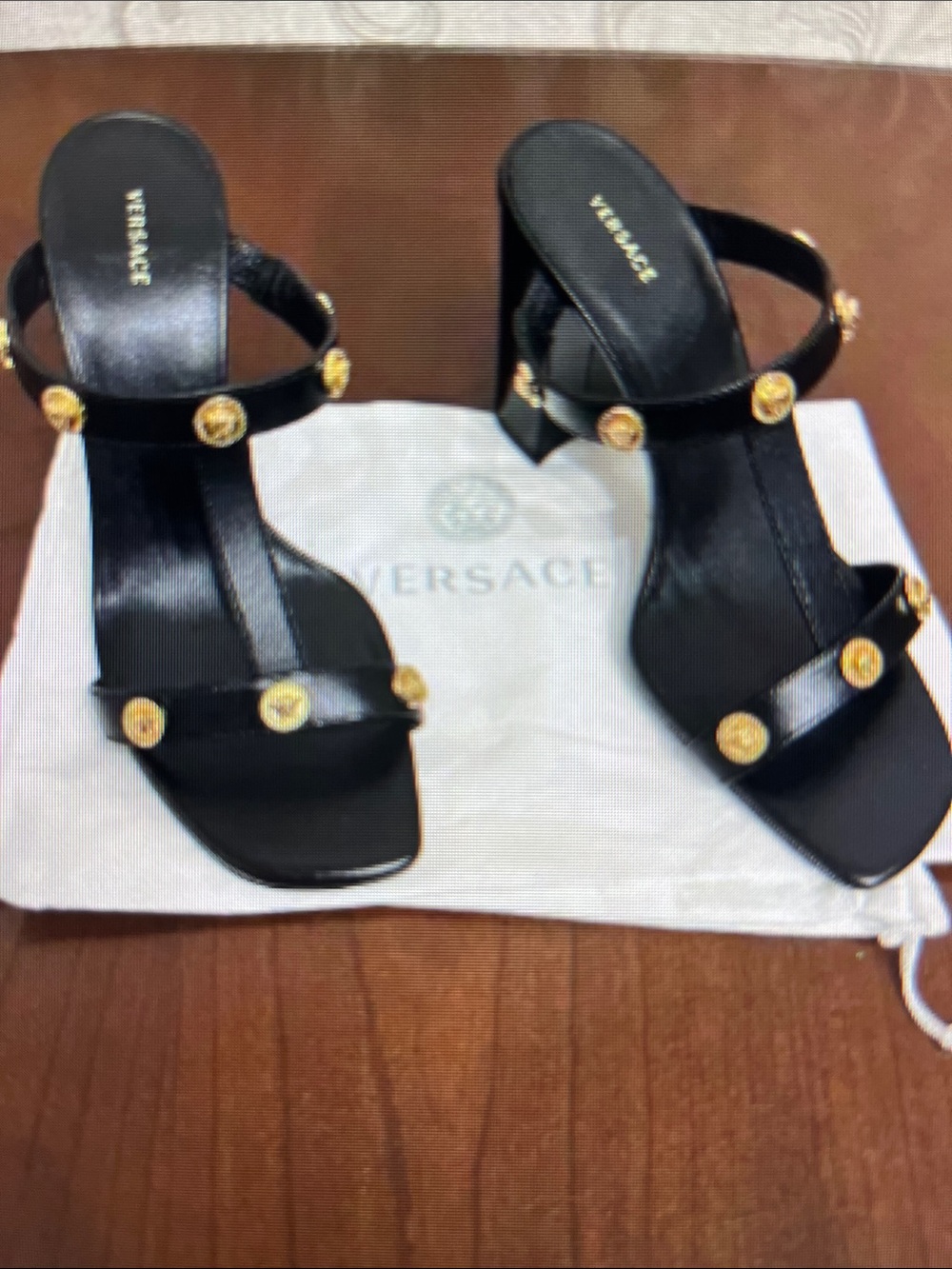 Versace Black Leather T-Strap Block Heel Mules with Gold Medallions - Picture 6 of 9